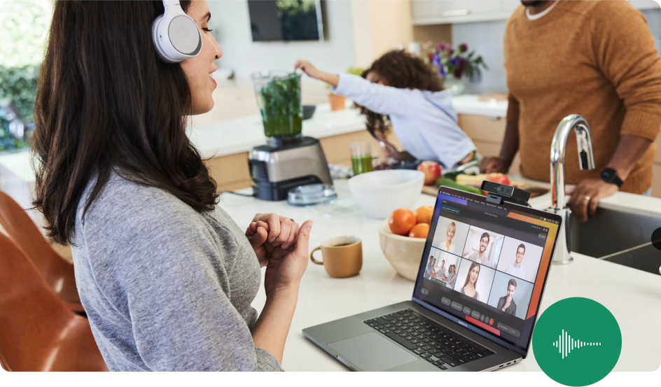 Person takes a Webex Meeting in the kitchen