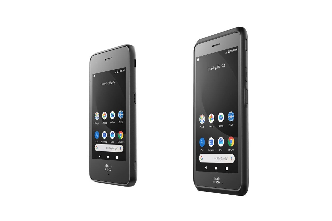2 Webex Wireless Phones in black, the 840 and the 860. The screens display content such as date, time, and apps like Chrome